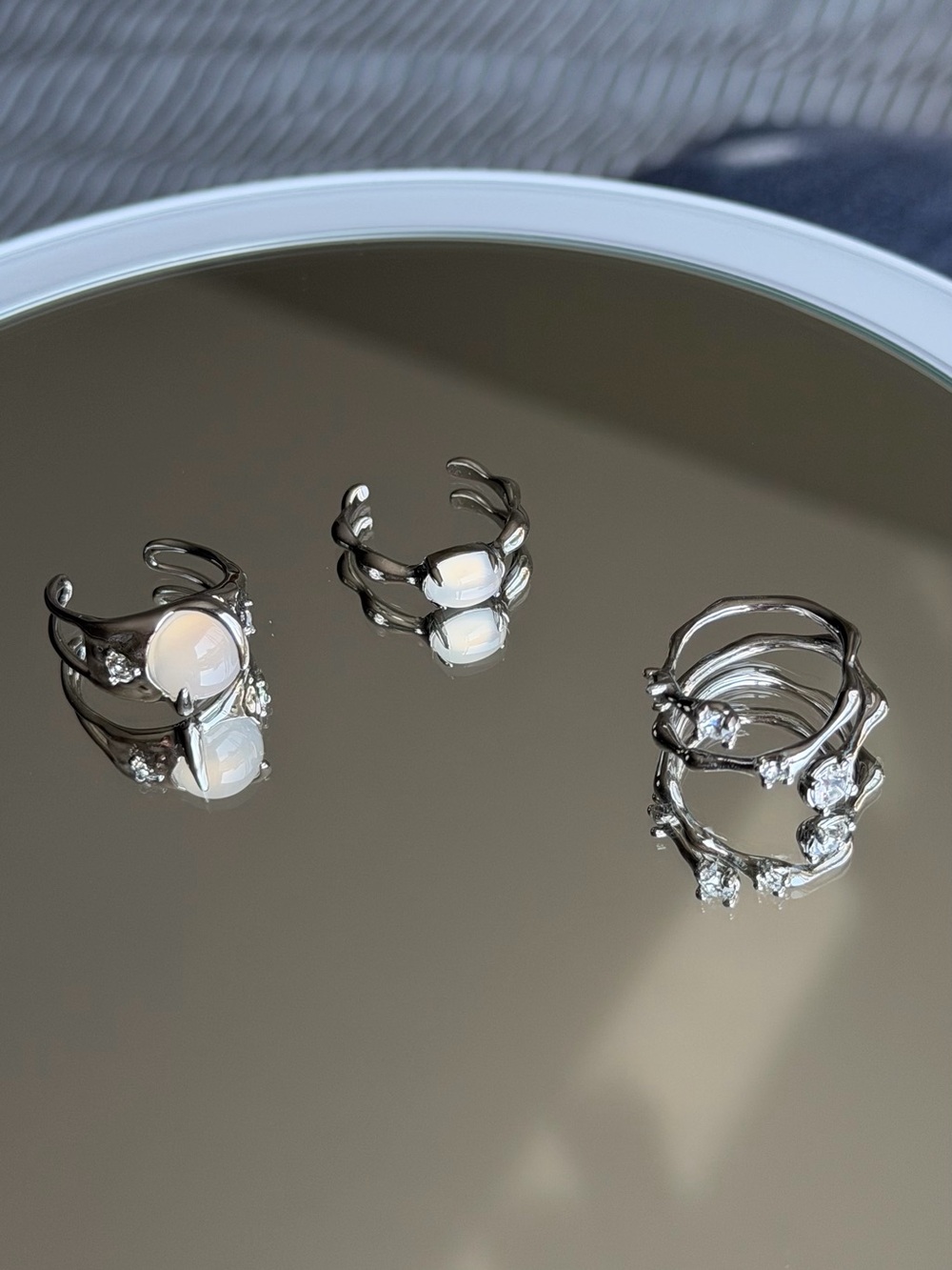 Moonstone & Zircon Adjustable Ring Set – 3 Rings